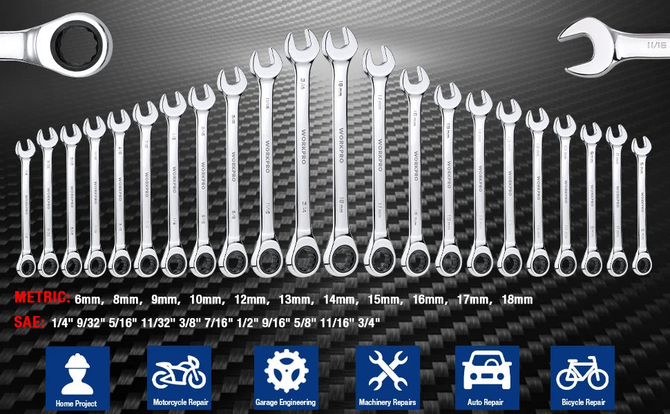 WORKPRO 23pc Ratcheting Wrench Set  with Box ,72 Teeth Wrench with Box, Wrench Repair  Tool Set
