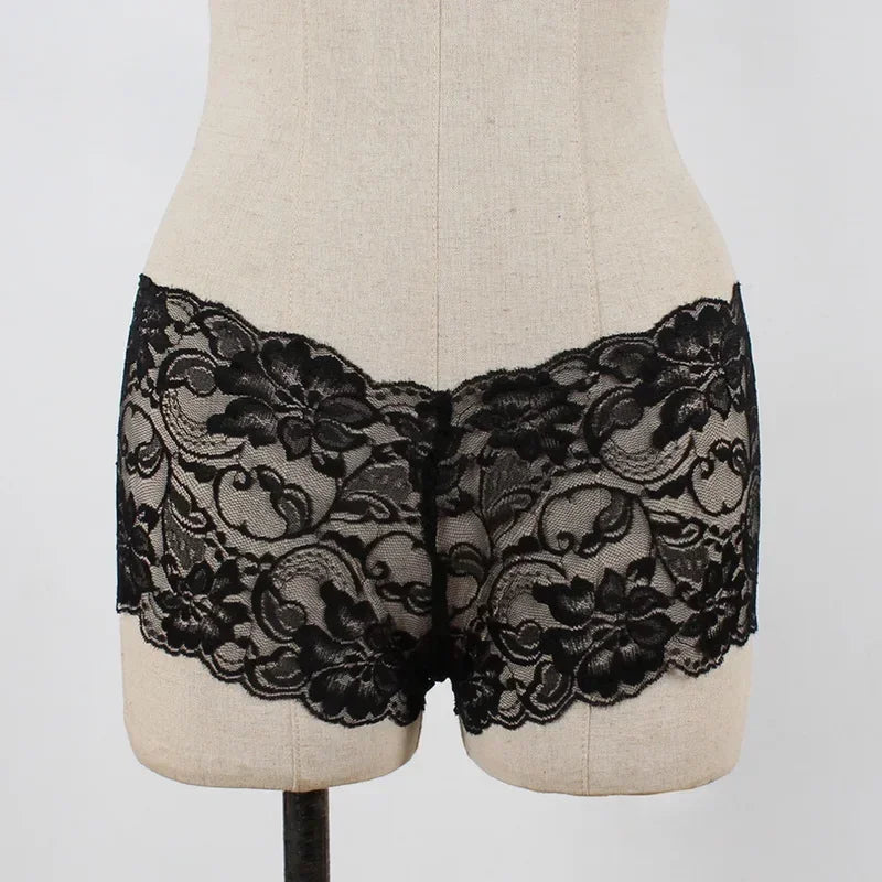 New Plus Size Boxer Briefs Lace Floral Breathable Underwear Sexy Hollow Perspective Women Underwear Comfortable Black White