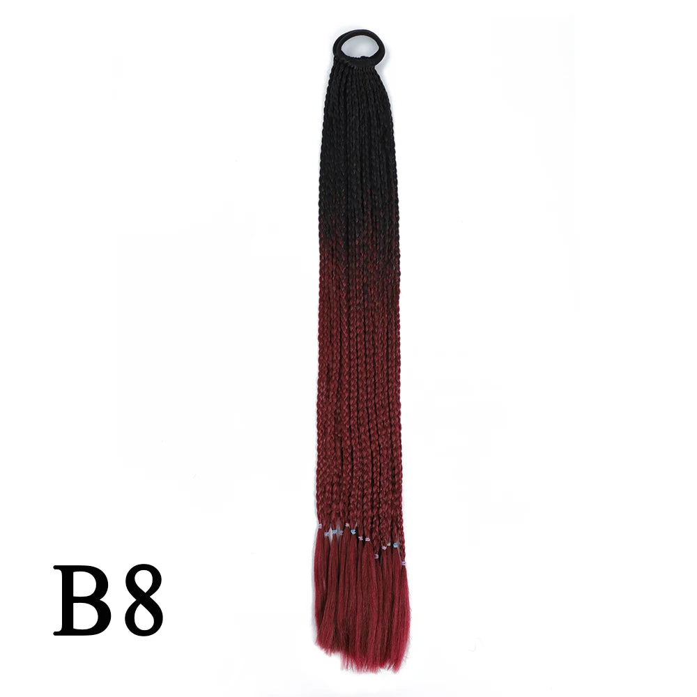 Synthetic 24 Inch Long Colored Box Braids Hair Ponytail With Rubber Bands Rainbow Twist Braided Highlights Ponytail For Women