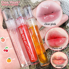 Three Flow Week lip glow oils with clear pink, cherry red, and orange swatches.