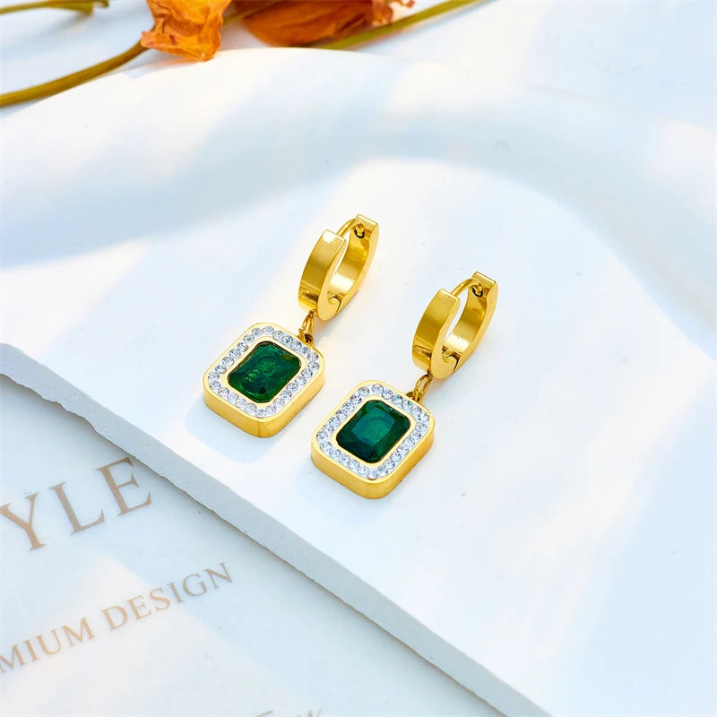 DIEYURO 316L Stainless Steel Luxury Non-fading Square Green Crystal Zircon Pendant Necklace Earrings Jewelry Set For Women Gifts