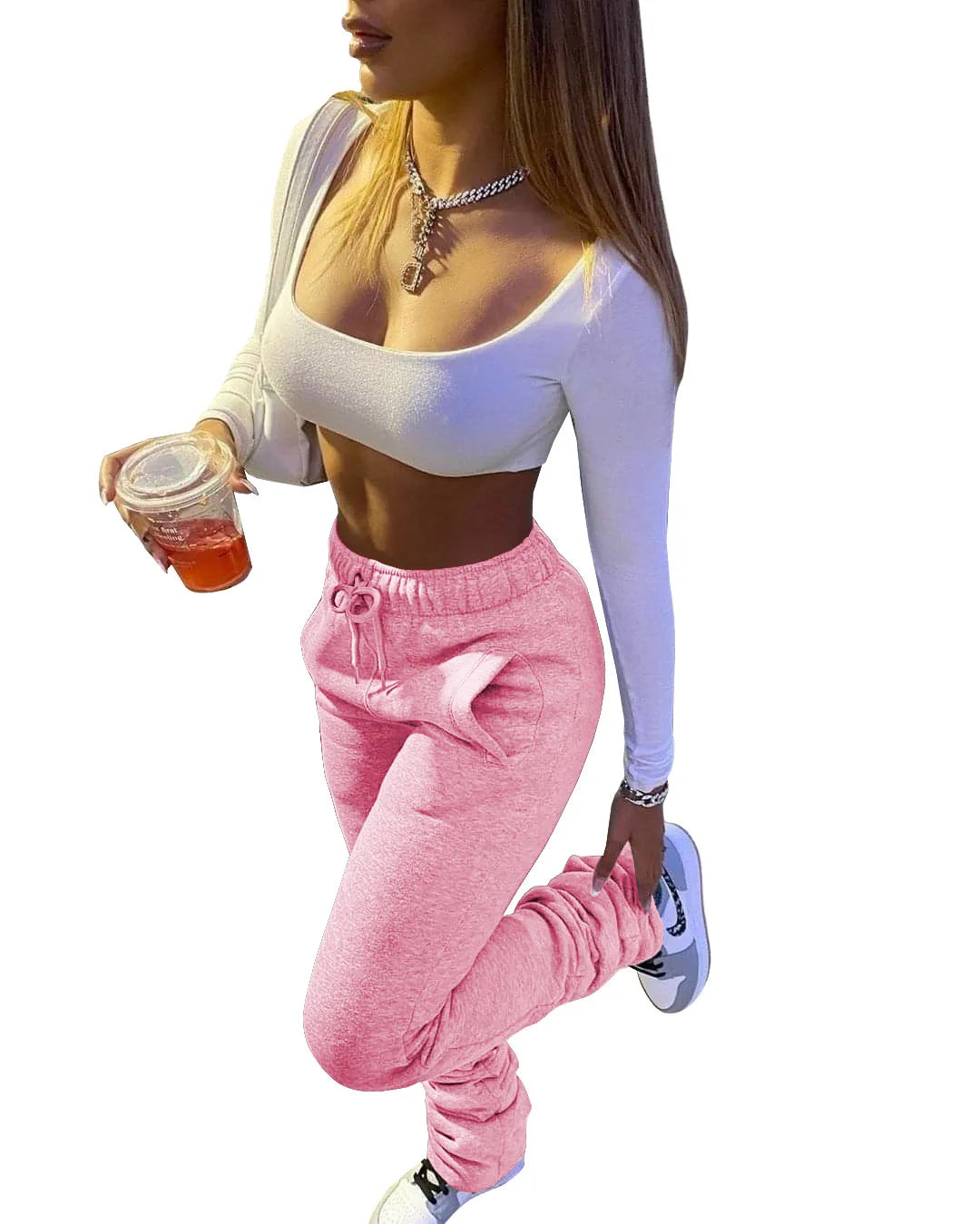 XS-3XL Size Stacked Sweat Pants Fall Winter Womens Mid Waist Thick Stacked Fleece Pants Joggers Long Trousers Sweatpants