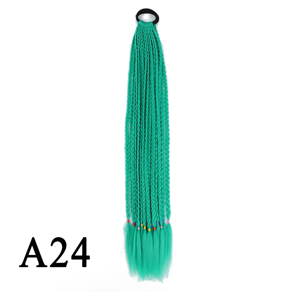 Synthetic 24 Inch Long Colored Box Braids Hair Ponytail With Rubber Bands Rainbow Twist Braided Highlights Ponytail For Women
