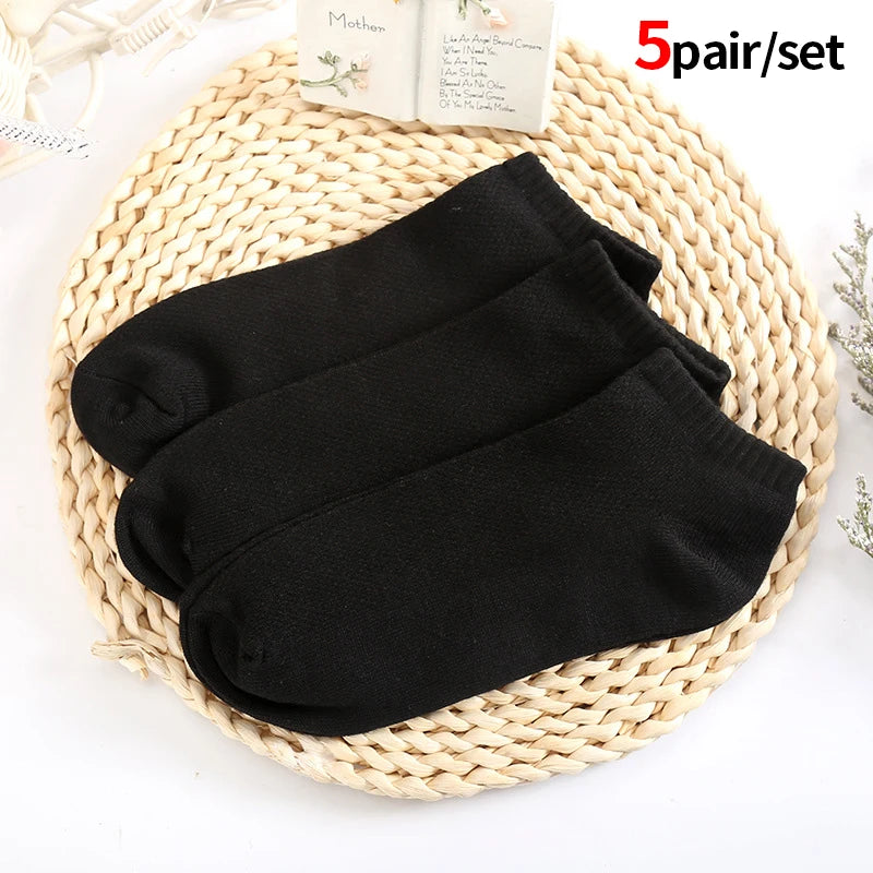 10Pcs/5Pair Unisex Socks Women Men Black White Gray Ankle Socks Female Male Solid Color Socks High Quality Cotton Short Socks