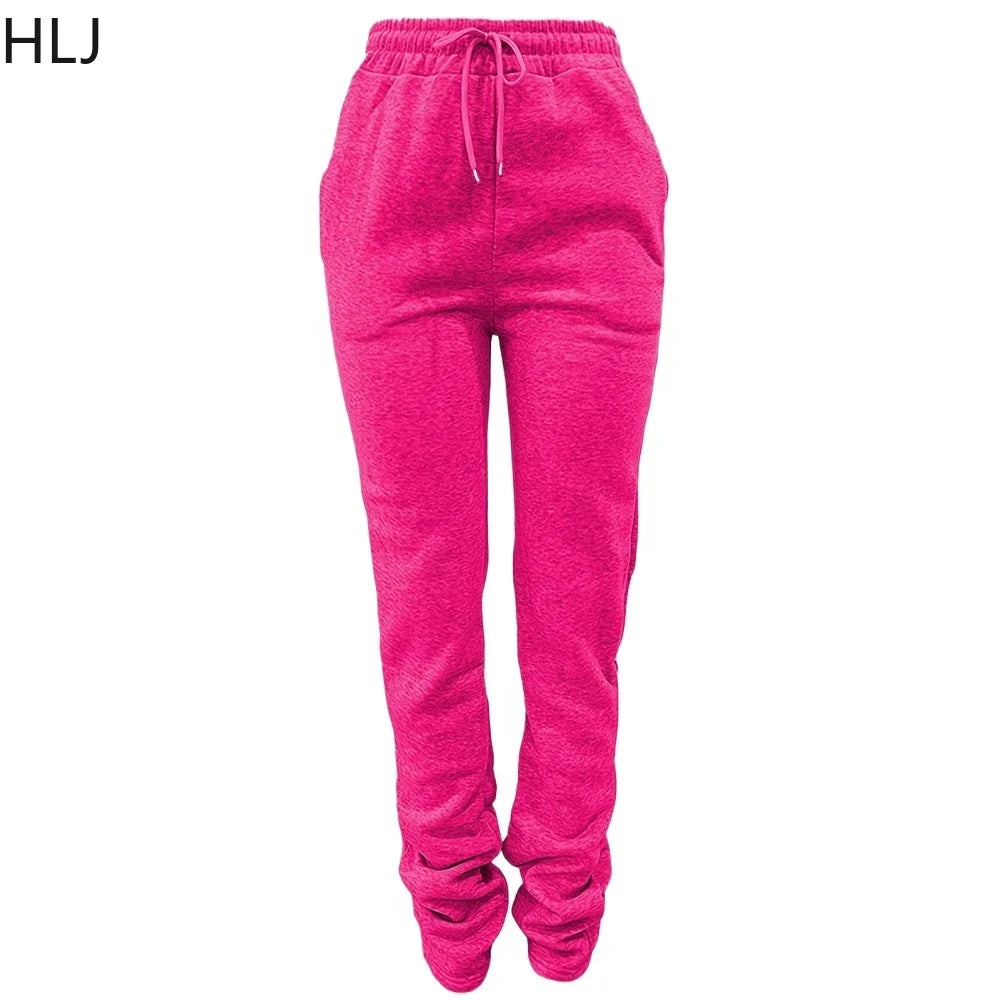 HLJ&GG Spring New Drawstring Jogger Pants Women High Waisted Stacked Trousers Casual Female Solid Color Matching Sporty Bottoms