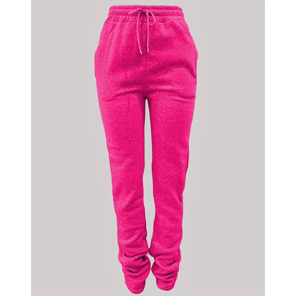 HLJ&GG Spring New Drawstring Jogger Pants Women High Waisted Stacked Trousers Casual Female Solid Color Matching Sporty Bottoms