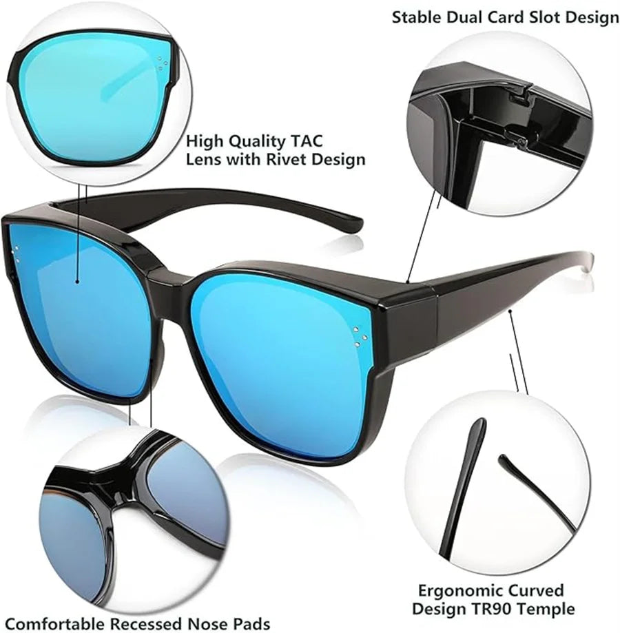 Cool&Ku Women Men Polarized Fit Over Sunglasses Oversized Trendy Square Cat Eye Wear Over Glasses