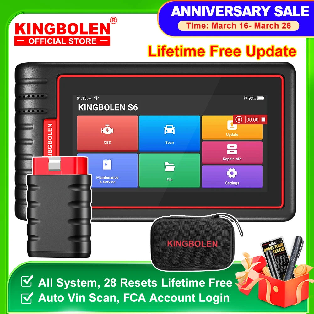 Kingbolen S6 car diagnostic scanner with case and OBD connector.