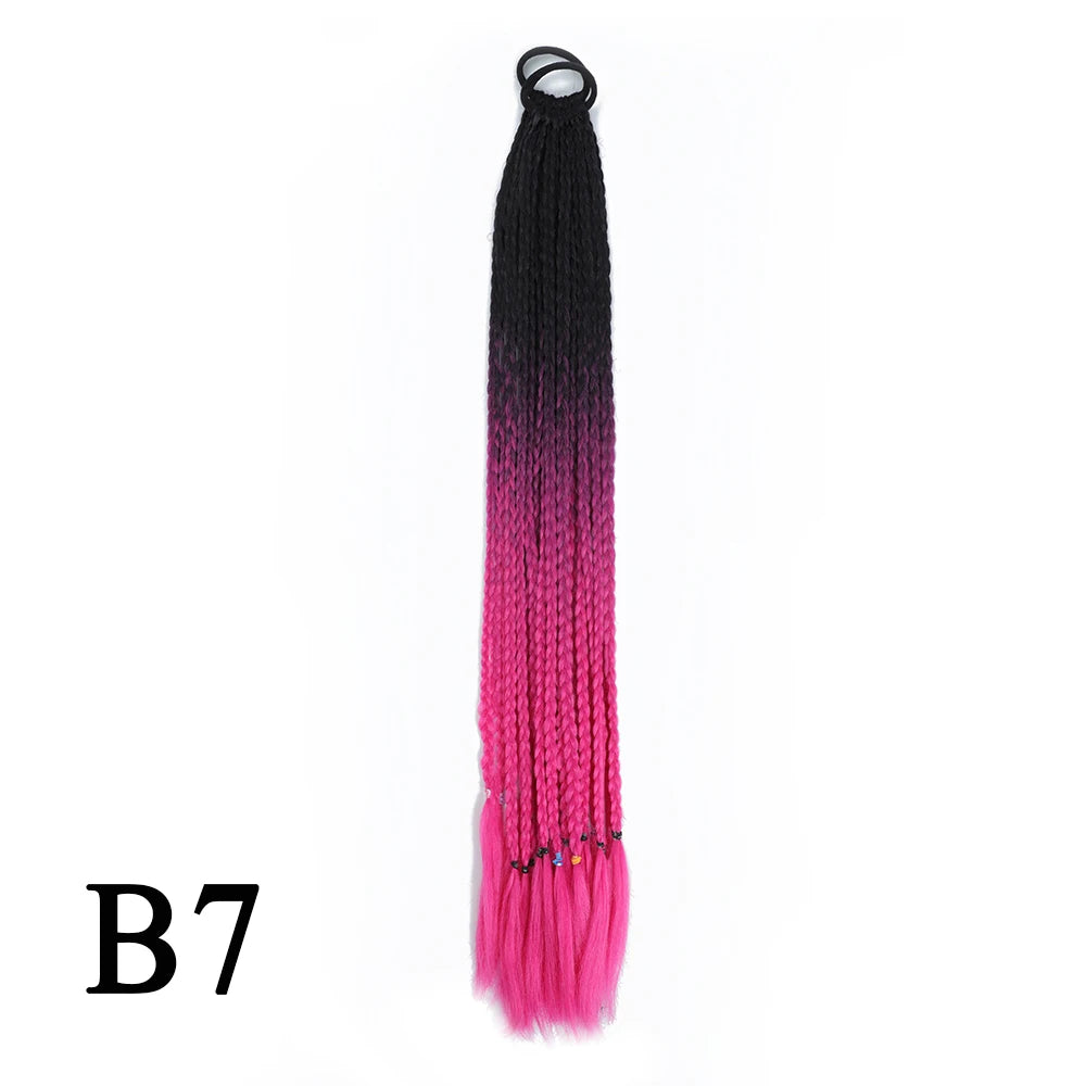 Synthetic 24 Inch Long Colored Box Braids Hair Ponytail With Rubber Bands Rainbow Twist Braided Highlights Ponytail For Women