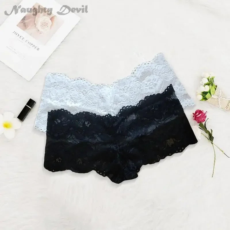 New Plus Size Boxer Briefs Lace Floral Breathable Underwear Sexy Hollow Perspective Women Underwear Comfortable Black White