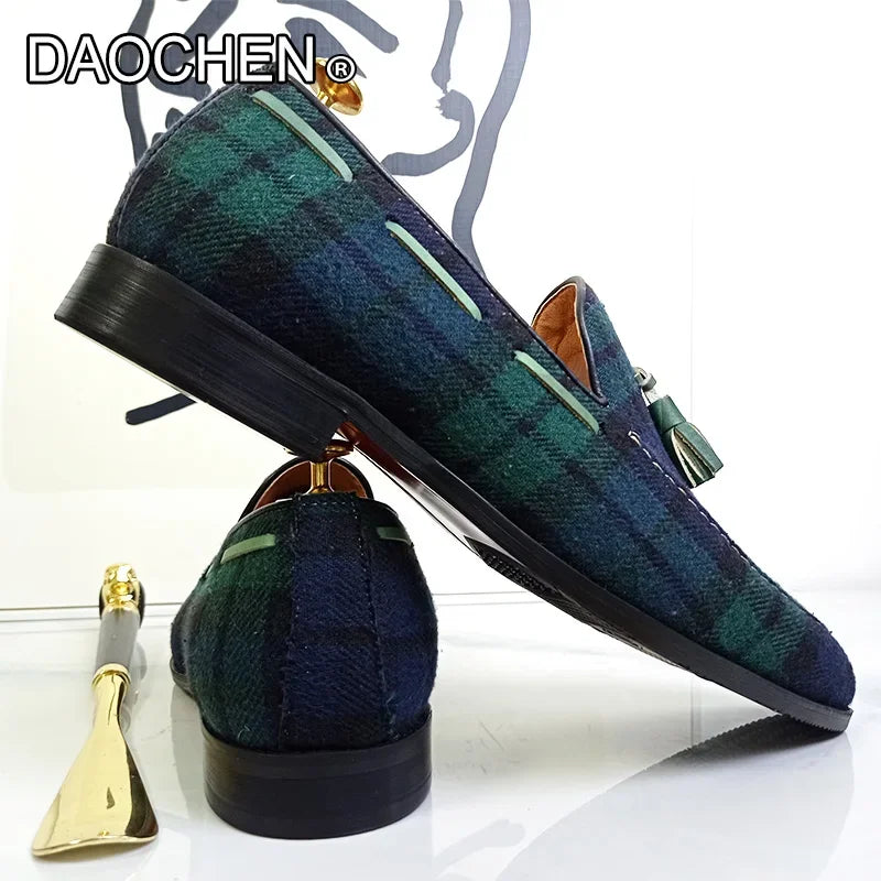 ZAPATOS MOCASINES DE LUJO PARA HOMBRES, ZAPATOS DE ANTE CON BORLAS Y CUADROS VERDES Y NEGROS, ZAPATOS DE VESTIR CASUAL PARA HOMBRE, MOCASINES DE PIEL AUTÉNTICA PARA HOMBRES