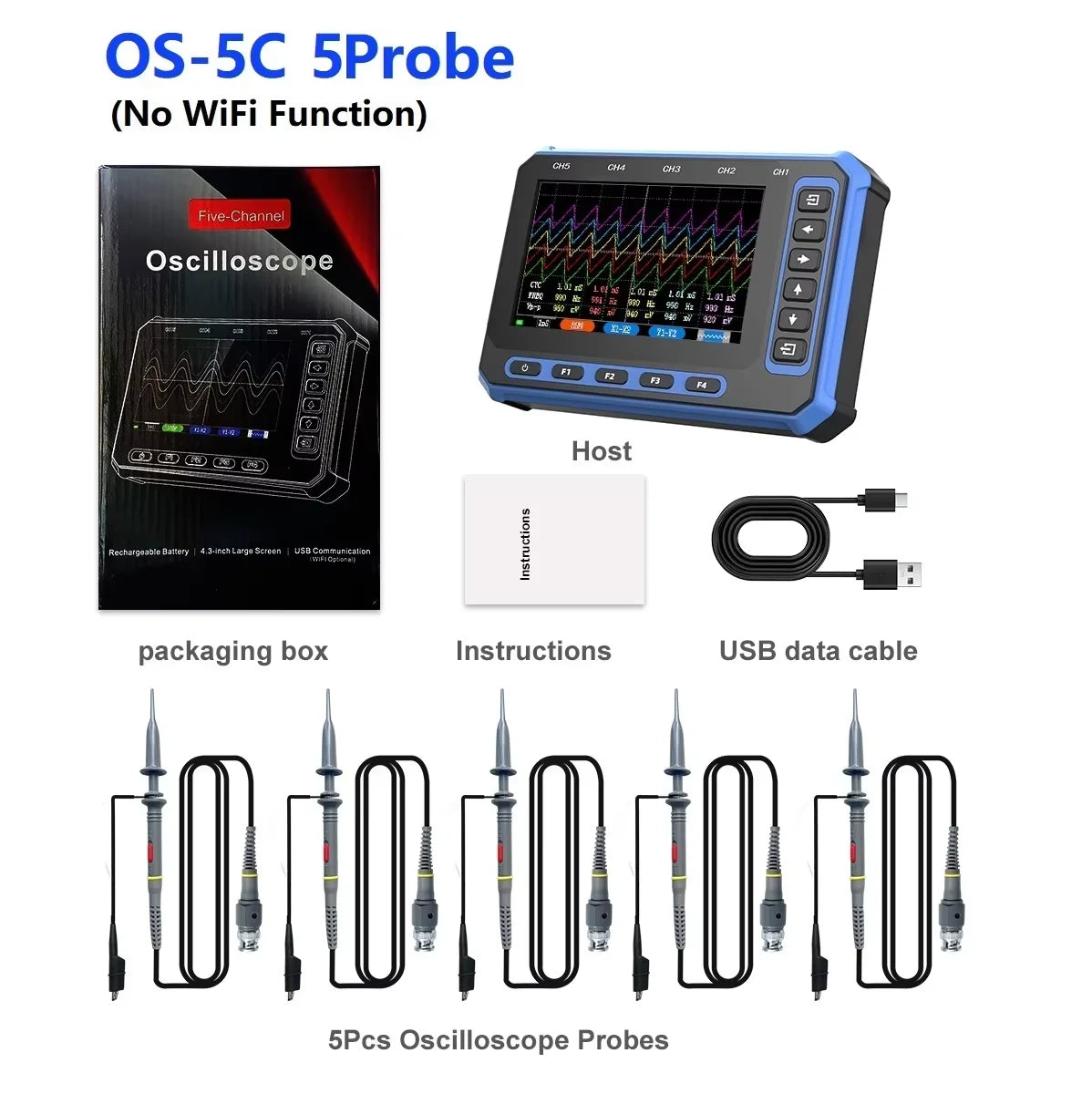 TOOLTOP 5 Channels Digital Oscilloscope 4.3-Inch WIFI & USB Connection 1MHz 3Msps Digital Oscilloscope Electrical Inspection