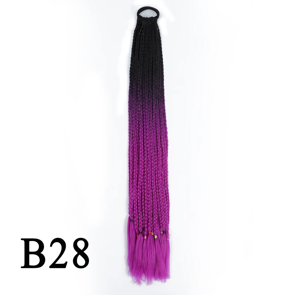Synthetic 24 Inch Long Colored Box Braids Hair Ponytail With Rubber Bands Rainbow Twist Braided Highlights Ponytail For Women