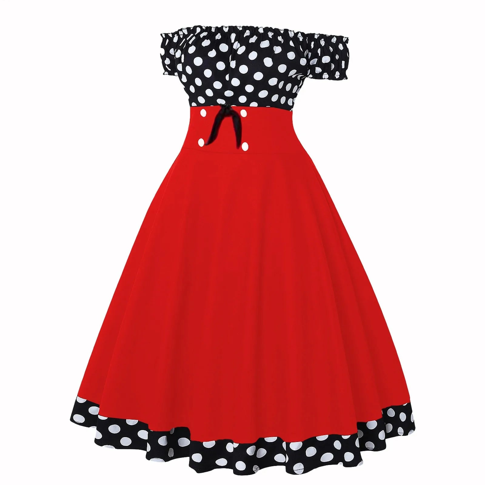 Elegant Vintage Hepburn Dress Women Black Red Off Shoulder Sleeveless A-Line Dress Female Retro Rockabilly 50s Polka Dot Dress