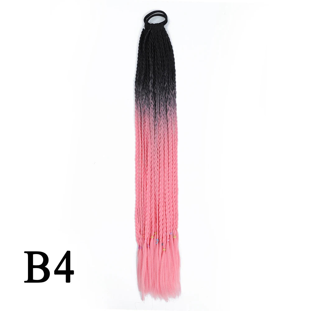 Synthetic 24 Inch Long Colored Box Braids Hair Ponytail With Rubber Bands Rainbow Twist Braided Highlights Ponytail For Women