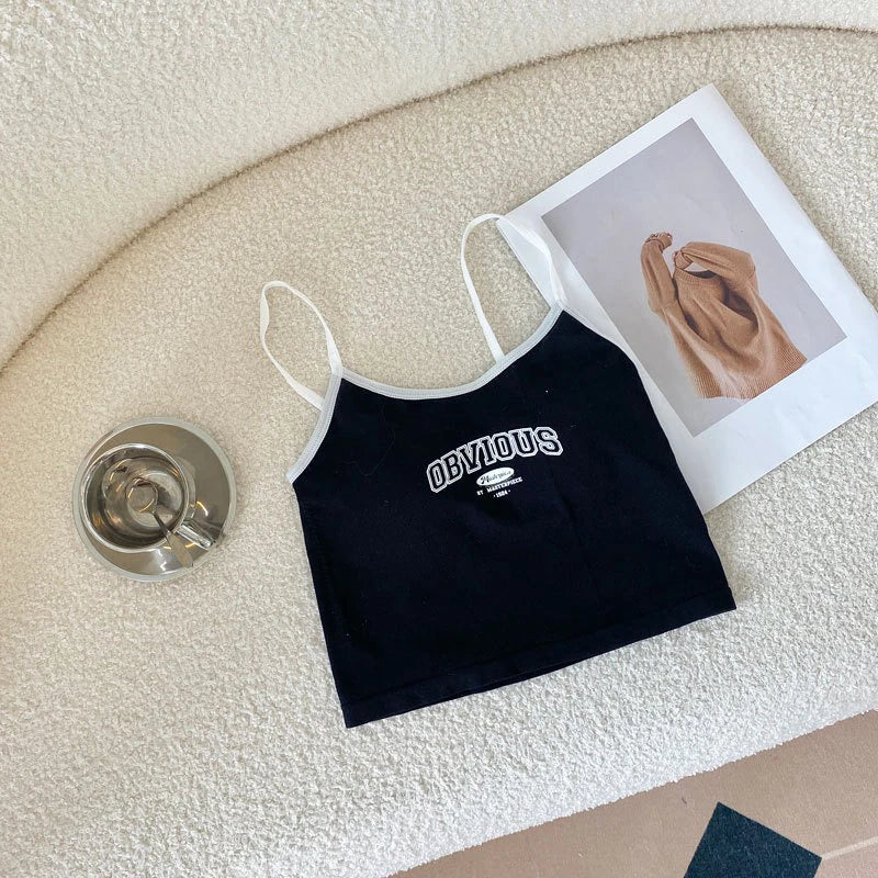 2024 Summer Letter Printing Tops Spaghetti Camisole Women With Padded Bra Crop Tops O-Neck Solid Crop Tops Y2k Sports Short Vest