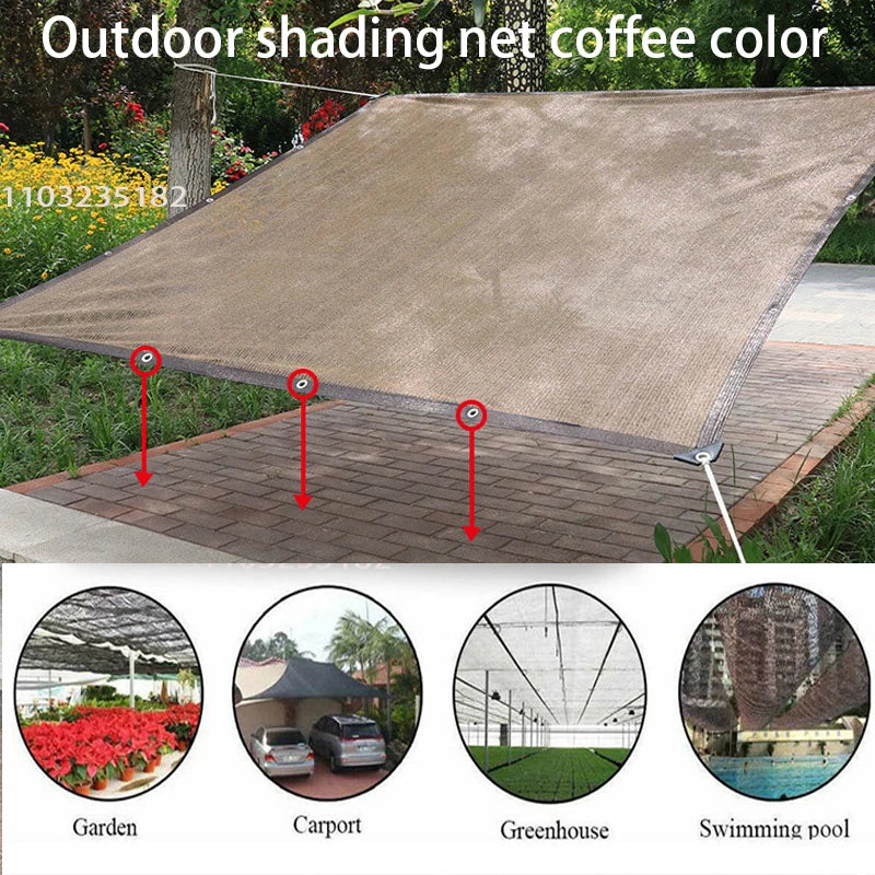 Coffee-colored outdoor shading net, shown in four uses.