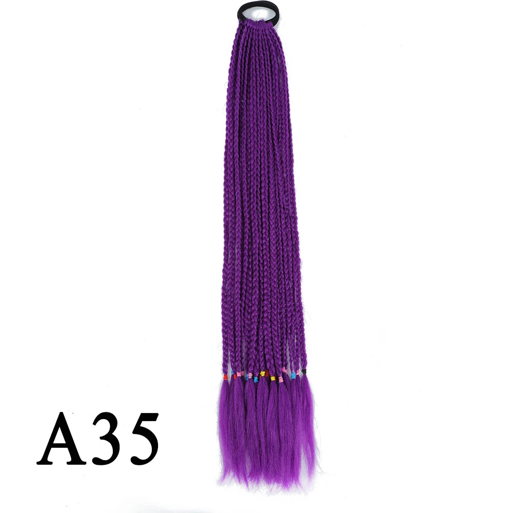 Synthetic 24 Inch Long Colored Box Braids Hair Ponytail With Rubber Bands Rainbow Twist Braided Highlights Ponytail For Women
