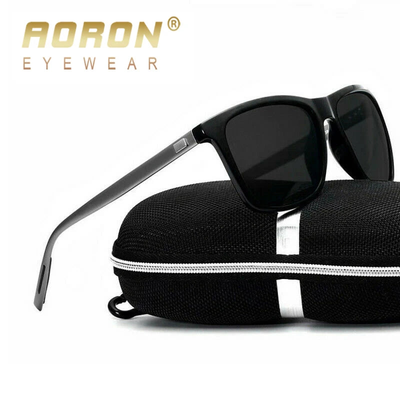 Black, polarized sunglasses with metal arms on a black zippered case.