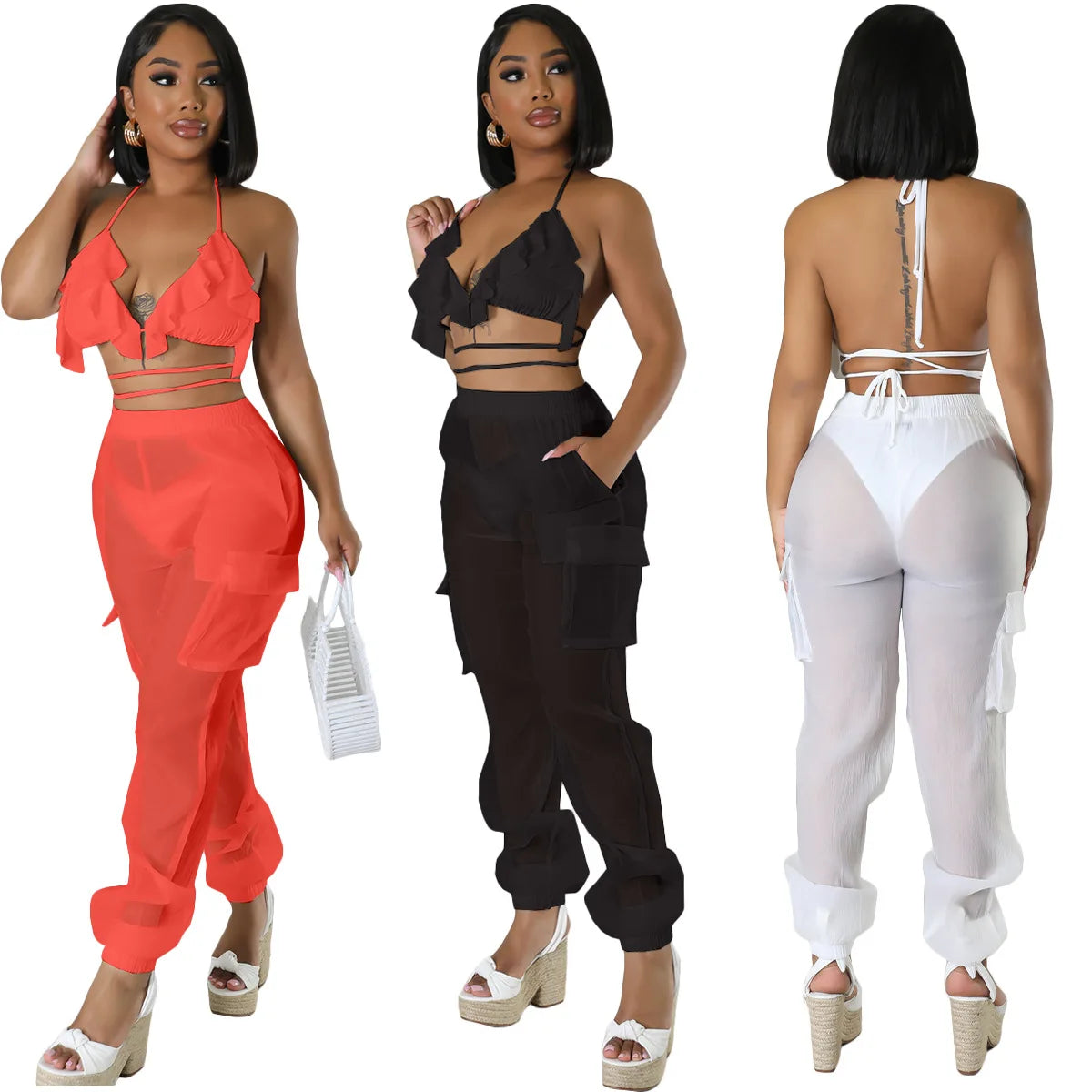 Casual Women 3 Piece Set Sheer Mesh Party Night Solid Color Sportsuit Matching Set Streetwear Clothes For Women Outfit