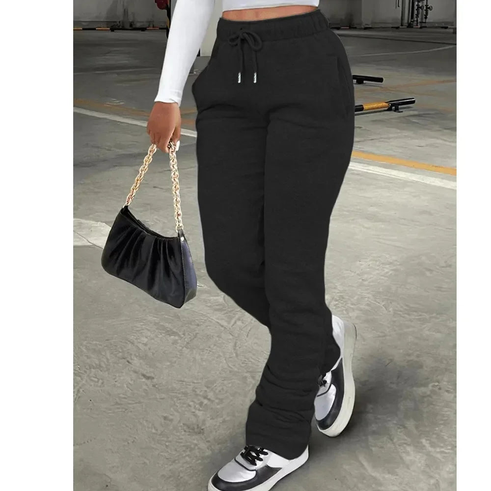HLJ&GG Spring New Drawstring Jogger Pants Women High Waisted Stacked Trousers Casual Female Solid Color Matching Sporty Bottoms