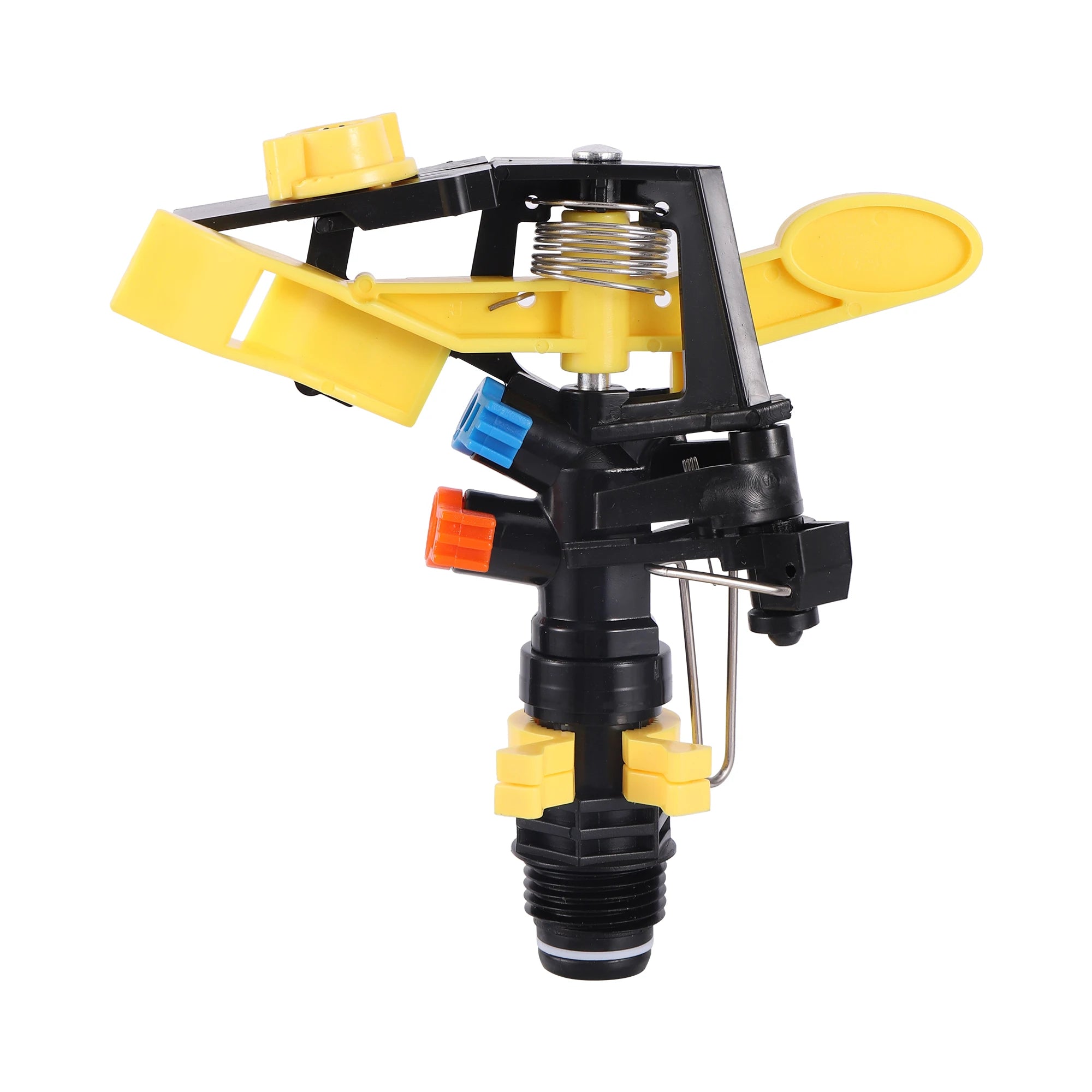 Yellow and black plastic impact sprinkler head.