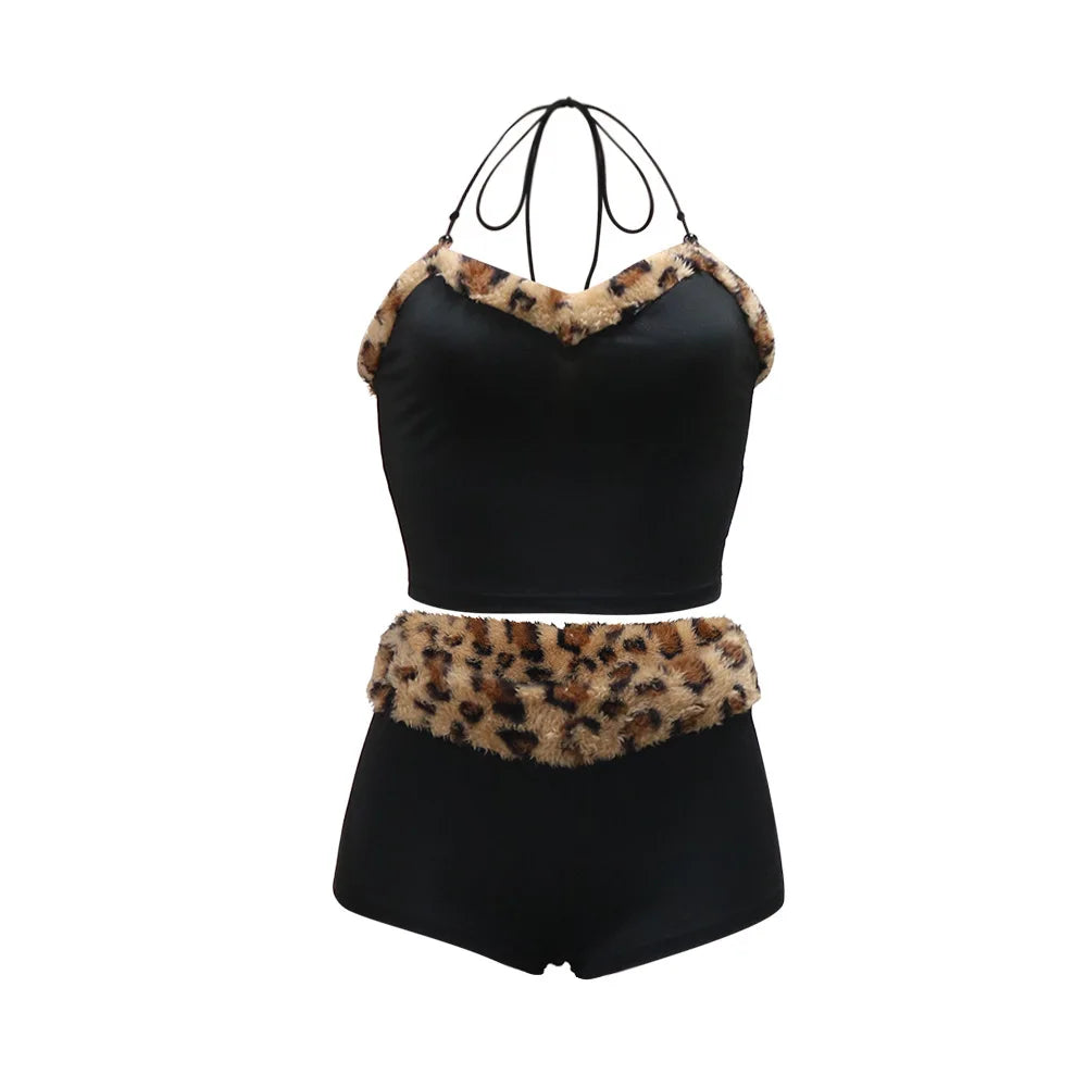 CM.YAYA Women's Set Strapless Sleeveless Leopard Print halter  Top and Shorts Suits 2024 Street Two 2 Piece Set Outfit Tracksuit