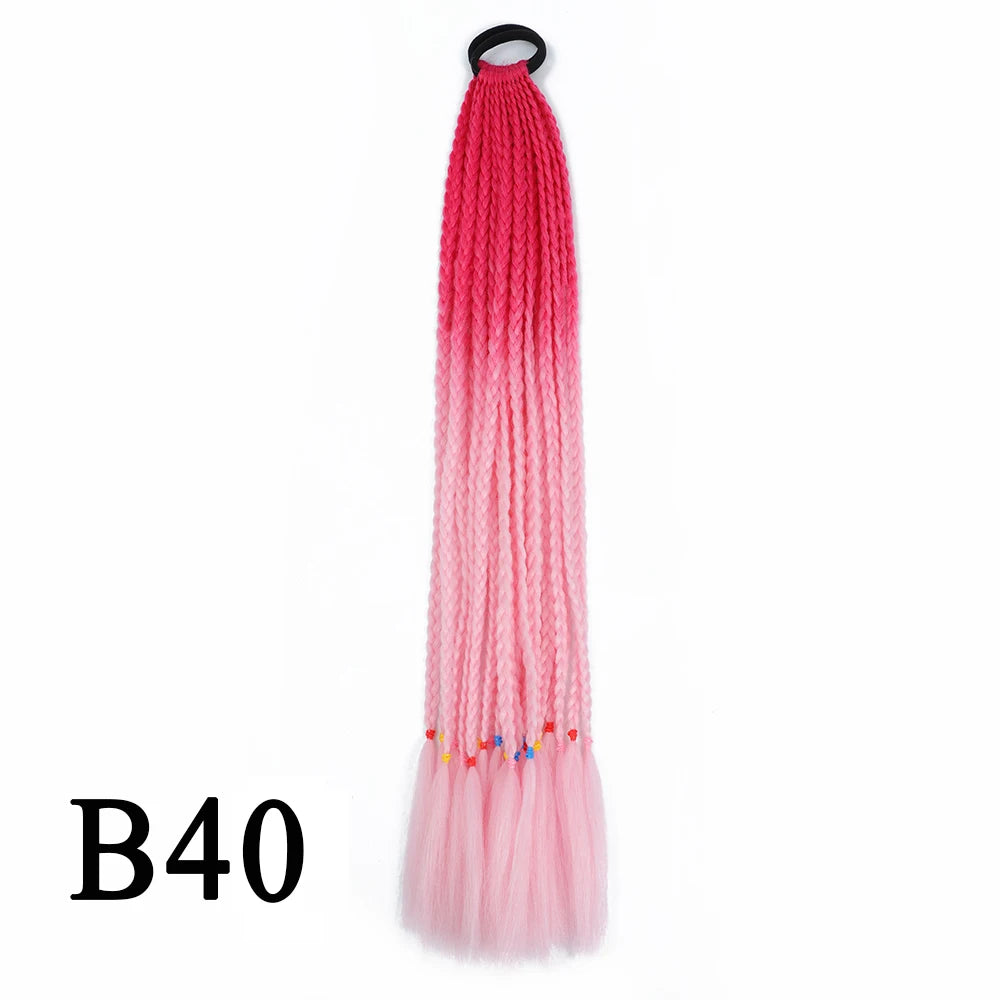 Synthetic 24 Inch Long Colored Box Braids Hair Ponytail With Rubber Bands Rainbow Twist Braided Highlights Ponytail For Women