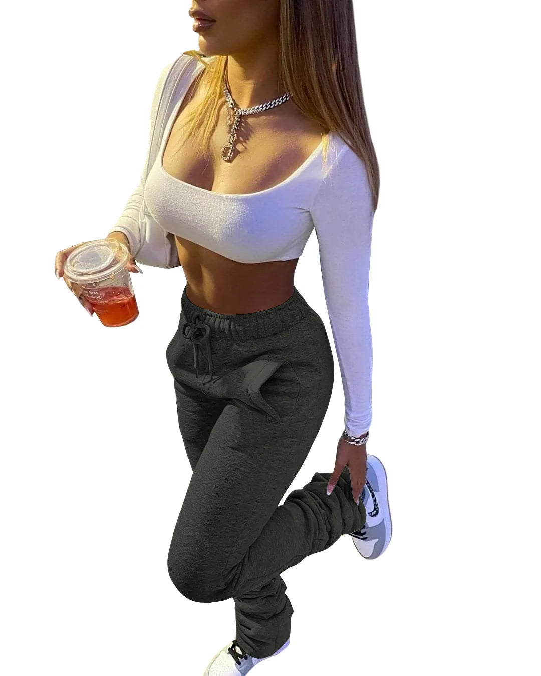 XS-3XL Size Stacked Sweat Pants Fall Winter Womens Mid Waist Thick Stacked Fleece Pants Joggers Long Trousers Sweatpants