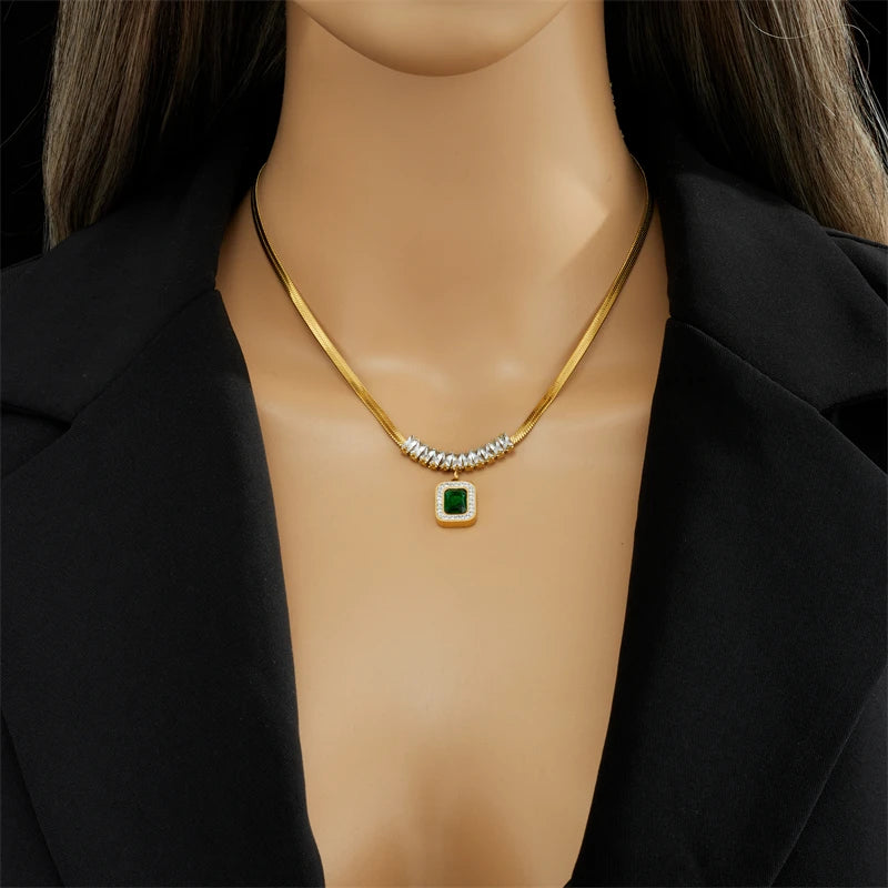 DIEYURO 316L Stainless Steel Luxury Non-fading Square Green Crystal Zircon Pendant Necklace Earrings Jewelry Set For Women Gifts