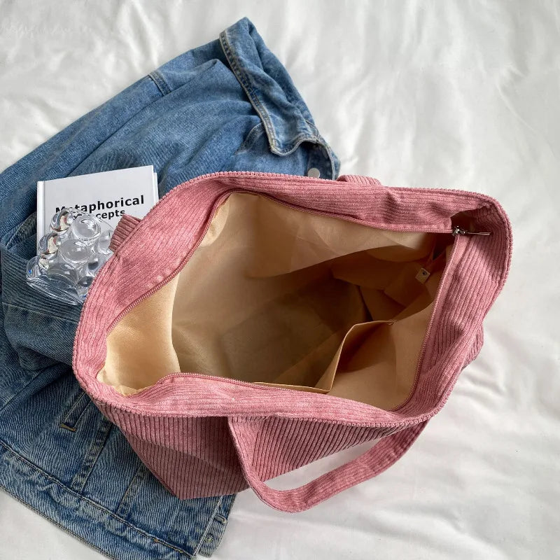 Große Kapazität Damen Umhängetasche 2023 Neue modische frische und einfache gestreifte Samthandtasche Kunst Freizeit Student Einkaufstasche