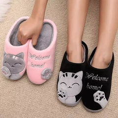 Pantuflas cálidas de invierno para mujer, zapatos de gato de dibujos animados, pantuflas peludas de felpa, zapatos planos de punta redonda, pantuflas de piso para el dormitorio y el hogar para mujer