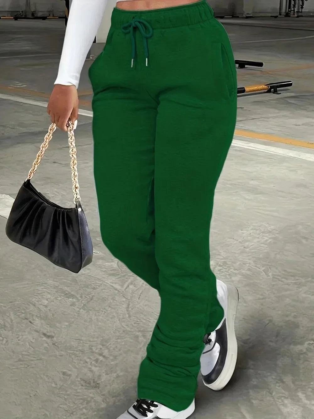 HLJ&GG Spring New Drawstring Jogger Pants Women High Waisted Stacked Trousers Casual Female Solid Color Matching Sporty Bottoms