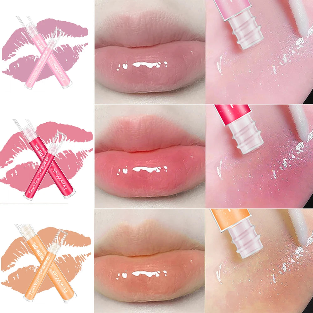 FlowWeek Lip Gloss Moisturizing Lip Plumper Gloss Universal Lip Luminizer Long Lasting Glitter Liquid Lipstick 3Colors