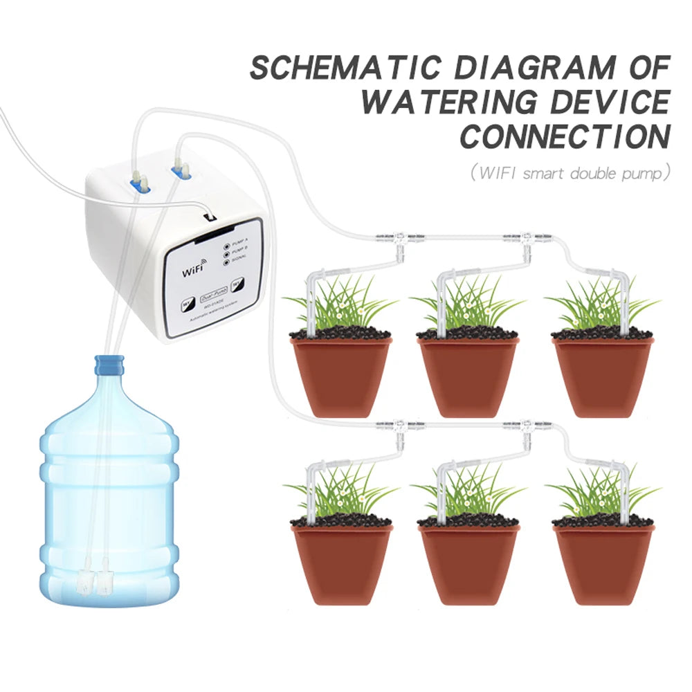 Dispositivo de riego inteligente WIFI, sistema de riego por goteo automático temporizado con doble bomba, controlador de aplicación remoto para plantas de jardín y flores