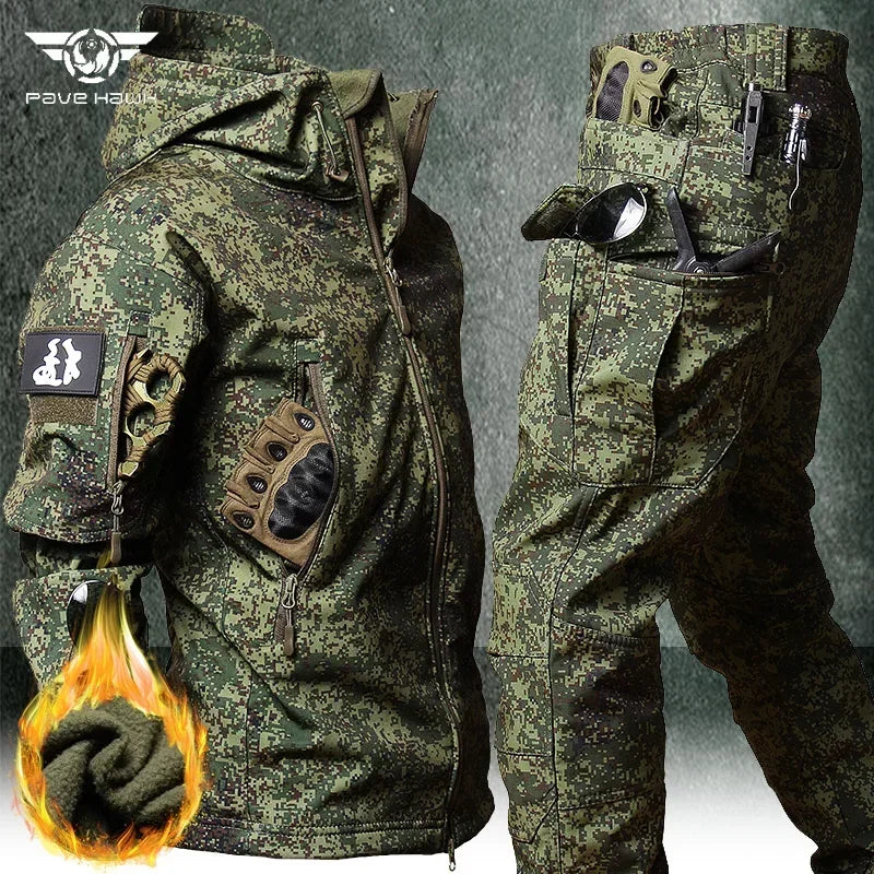 Herren Camouflage Taktik Set Army Sharkskin Wasserdichte Kapuzenjacke Winter Fleece Arbeits Cargo Anzug Multi-Tasche Softshell Freizeithose