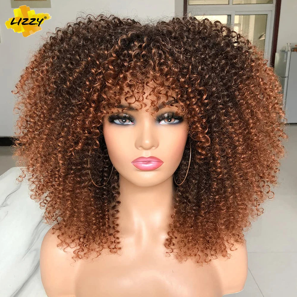 Short Afro Curly Wig With Bangs Synthetic African Glueless Fluffy Black Ombre Brown Curly Women's Wigs