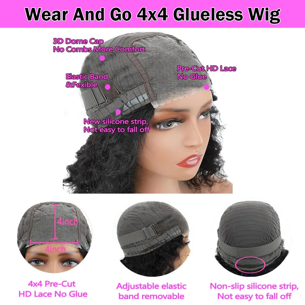 Glueless Wig Human Hair Ready To Wear Deep Wave Frontal Wig Short Curly Bob Wig Human Hair 4x4 13x4 Lace Front Human Hair 180%