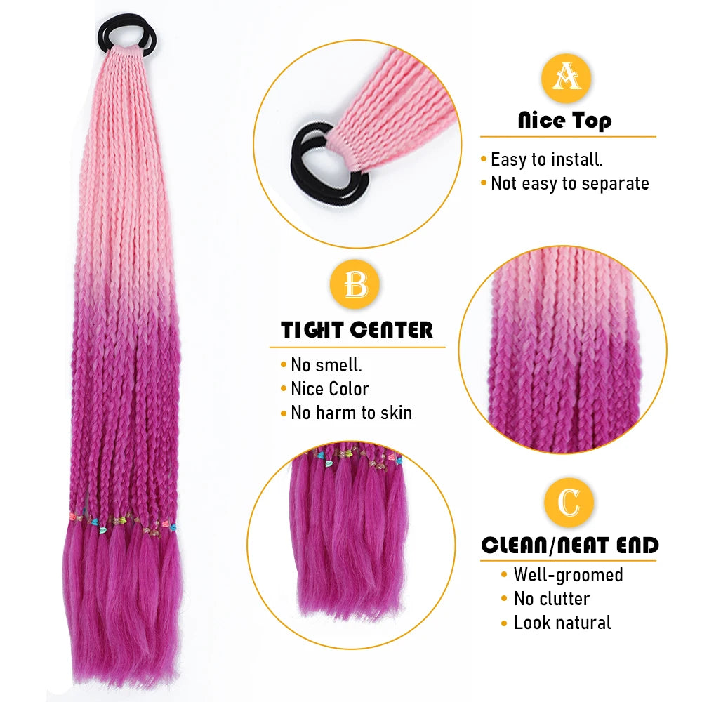 Synthetic 24 Inch Long Colored Box Braids Hair Ponytail With Rubber Bands Rainbow Twist Braided Highlights Ponytail For Women