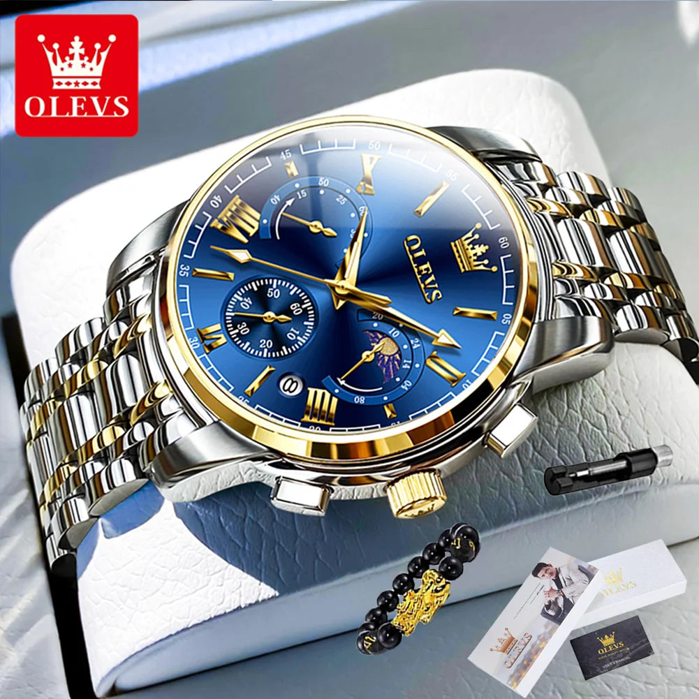 Jarreims Emporium: OLEVS blue face gold/silver men's watch set.
