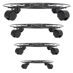 Black metal round plant caddies with wheels, multiple sizes.