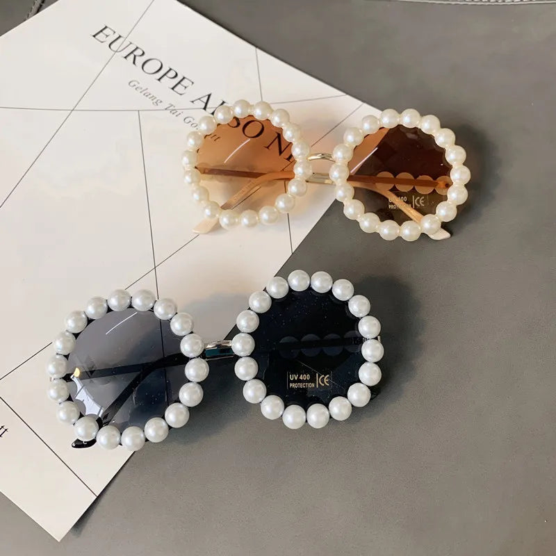 Pearl Round Sunglasses Women Small Frame Oval Vintage Sunglasses Luxury Brand Designer Elegant Retro Steampunk Sunglasses Men