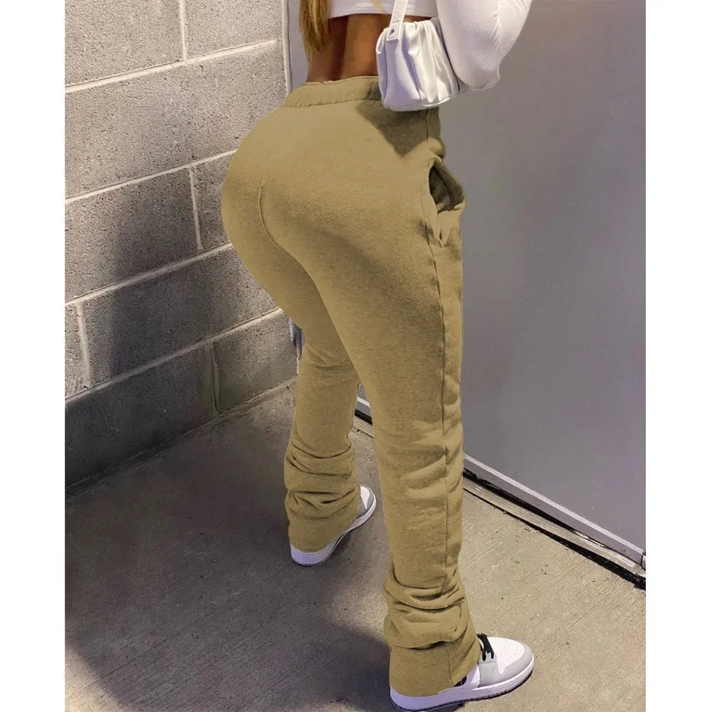 HLJ&GG Spring New Drawstring Jogger Pants Women High Waisted Stacked Trousers Casual Female Solid Color Matching Sporty Bottoms