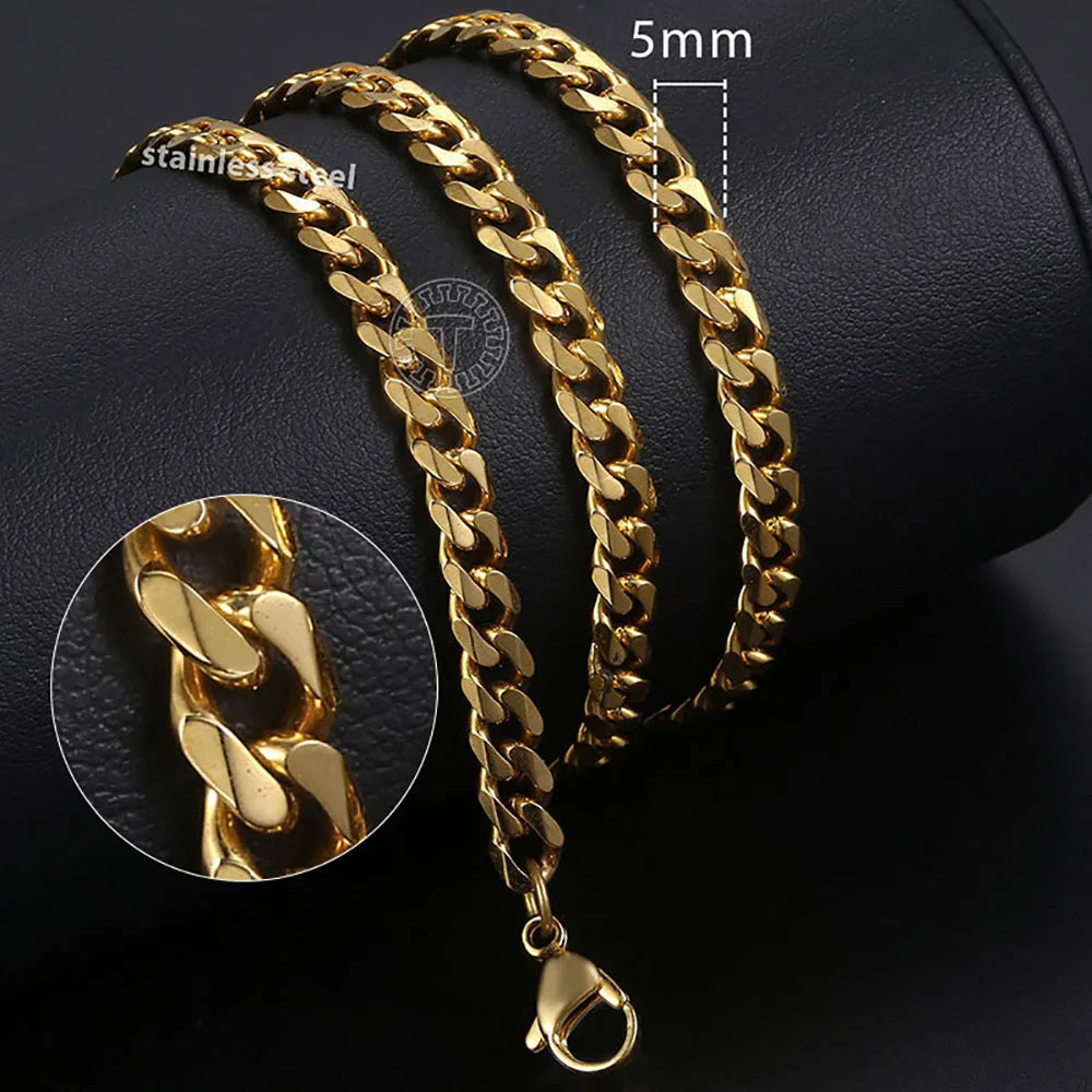 Hiphop Stainless Steel Necklace Curb Cuban Link Chain For Men Women Gold Color Solid Metal Punk Jewelry Gift KNM08
