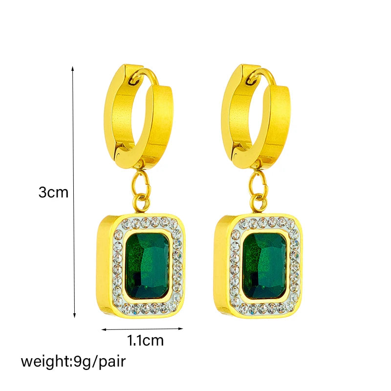 DIEYURO 316L Stainless Steel Luxury Non-fading Square Green Crystal Zircon Pendant Necklace Earrings Jewelry Set For Women Gifts