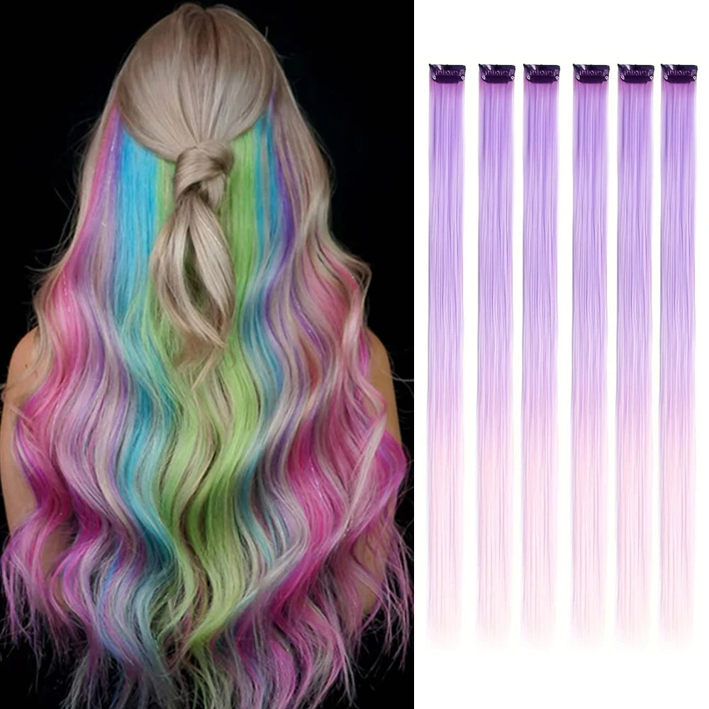 Clip in Hair Extensions Colored Party Highlights 22 inches 6pcs/pack Multi-colors Straight Hair Synthetic Hairpieces Royal Blue