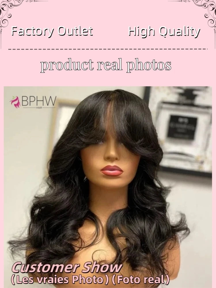 30 inches Body Wave Human Hair Wigs With Bangs Short Bob Wig 180% Density Brazilian Fringe Remy Full Machine Made Wig For Women