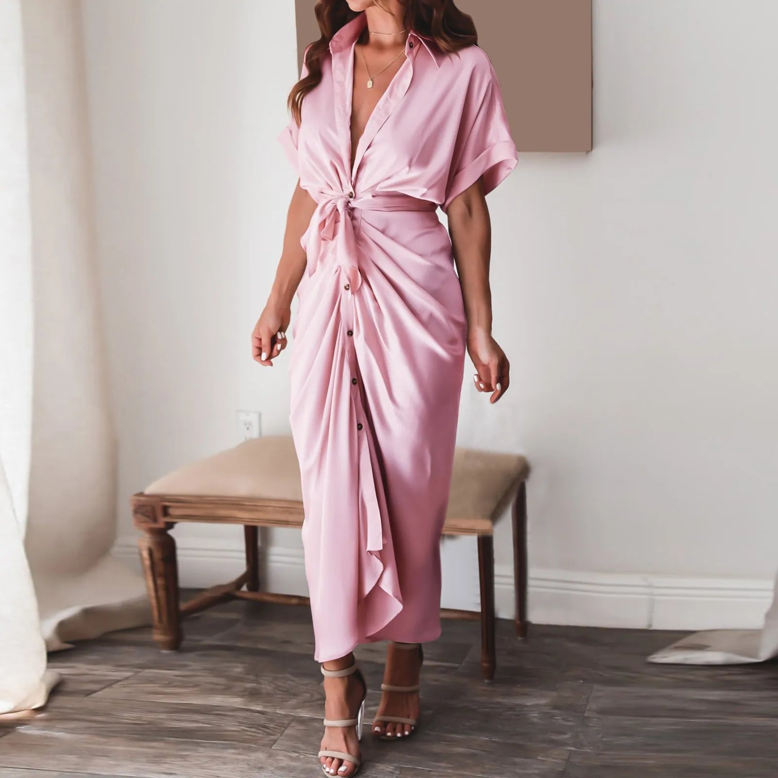 Formal Dresses For Wedding Guest Short Sleeve Long Dress Temperament Commuting High Waist Button Dress vestidos de graduación