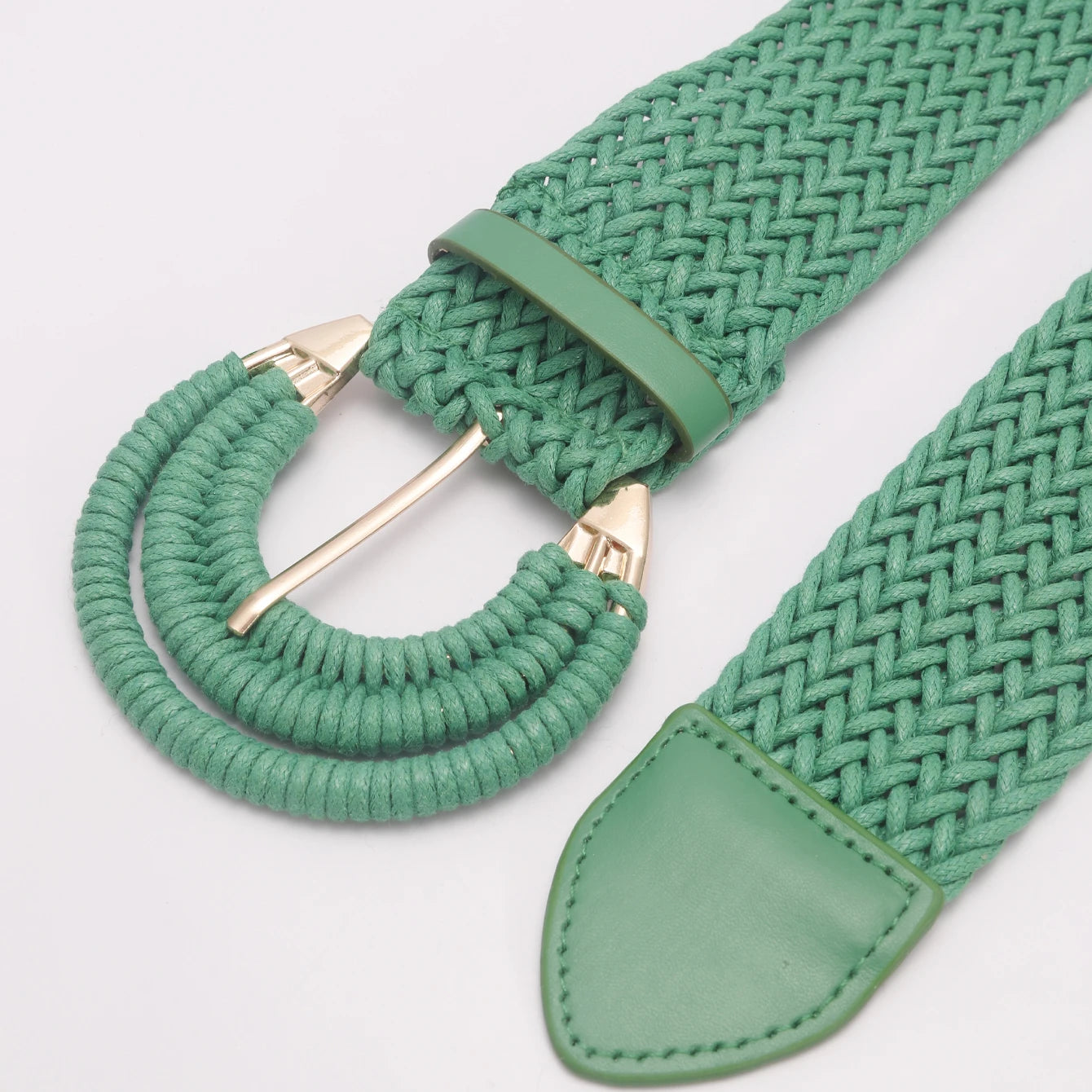 Green Woven Rattan Straw Waist Belt for Women Alloy Buckle Braided Belt for Dress