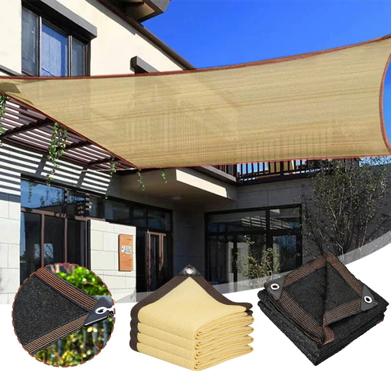 A tan rectangular shade sail mounted to a house, with fabric swatches at the bottom.